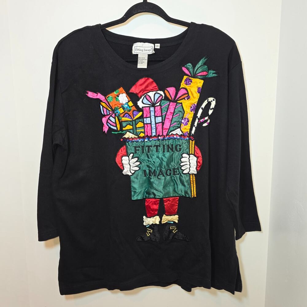 Vintage Womens Embroidered Santa Gifts Long Sleeve Shirt 2X Black Ugly Sweater